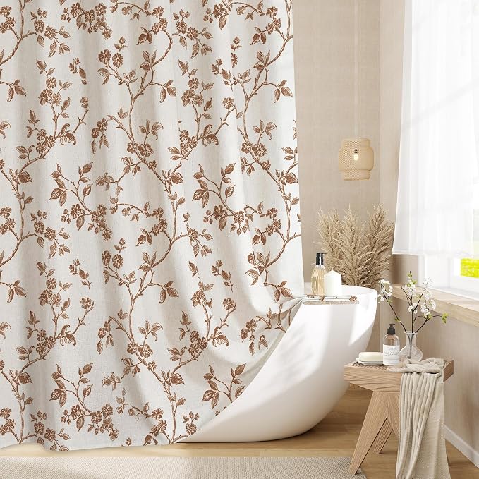 MitoVilla Brown Linen Floral Shower Curtain for Bathroom, 72 x 72 | Brown BoHo Cottagecore Spring Shower Curtains, Modern Farmhouse Country Plant Leaves Bathroom Décor, 72 x 72