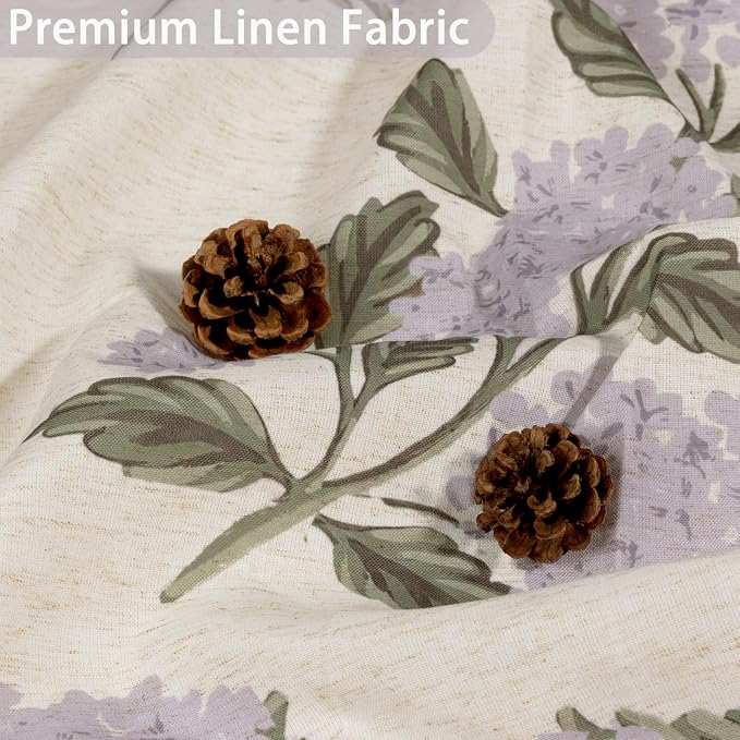 ORTIGIA Linen Textured Ruffle Shower Curtain with Metal Hooks, Vintage Purple Hydrangea Floral Boho Waterproof Bath Curtain for Rustic Farmhouse Bathroom Decor 72x72 Inch