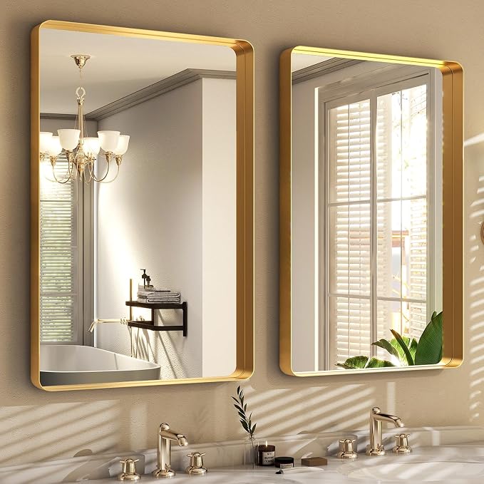 Easly 36 x 24 Inch Gold Bathroom Mirror for Wall,Aluminum Alloy Frame Rectangular Wall Mounted Mirror for Farmhouse Decor Horizontal or Vertical Ideal for Bedroom, Living Room