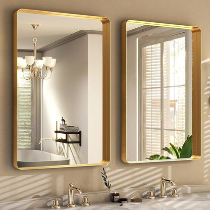 Easly 36 x 24 Inch Gold Bathroom Mirror for Wall,Aluminum Alloy Frame Rectangular Wall Mounted Mirror for Farmhouse Decor Horizontal or Vertical Ideal for Bedroom, Living Room