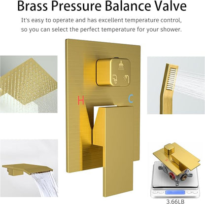 Gold High Pressure Shower System Set with Tub Spout,12 inch | Safe Pressure Balance Valve Bathroom Shower Faucet Set with Handheld, All-Metal Water Saving Rainfall Shower Trim Kit