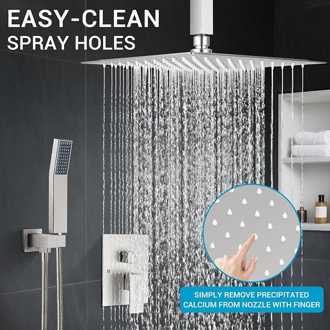 10" Square Ceiling Rain Shower Faucet Set, Brushed Nickel | Anti-scald cartridge, air tech boosts pressure 30%, dual spray, NPT 1/2