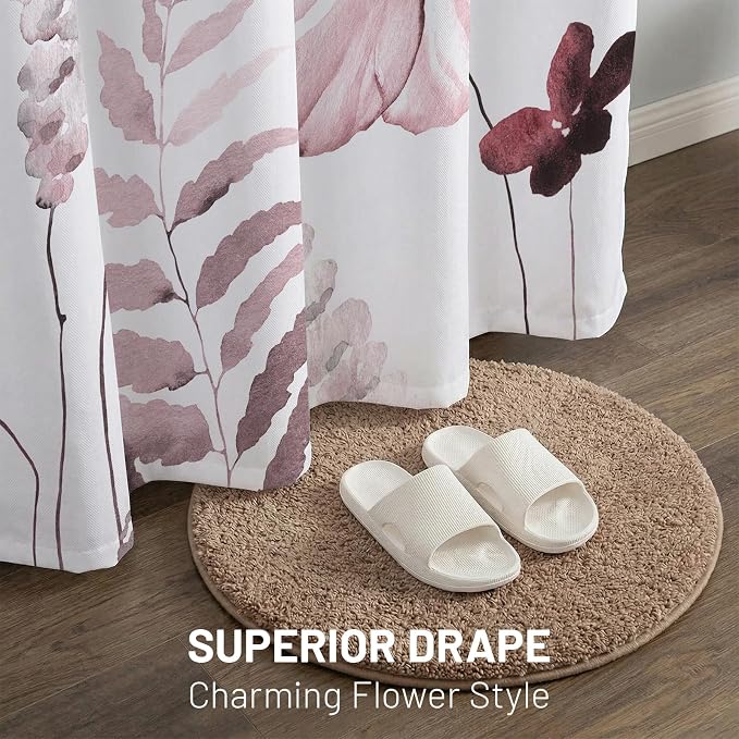No Hook Floral Shower Curtain with Liner, Burgundy, 71x74 | Snap in Liner, 3 in 1, Water Repellent, Easy Install, Machine Washable, Hotel Style for Bathroom, Watercolor Pattern
