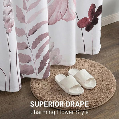 No Hook Floral Shower Curtain with Liner, Burgundy, 71x74 | Snap in Liner, 3 in 1, Water Repellent, Easy Install, Machine Washable, Hotel Style for Bathroom, Watercolor Pattern