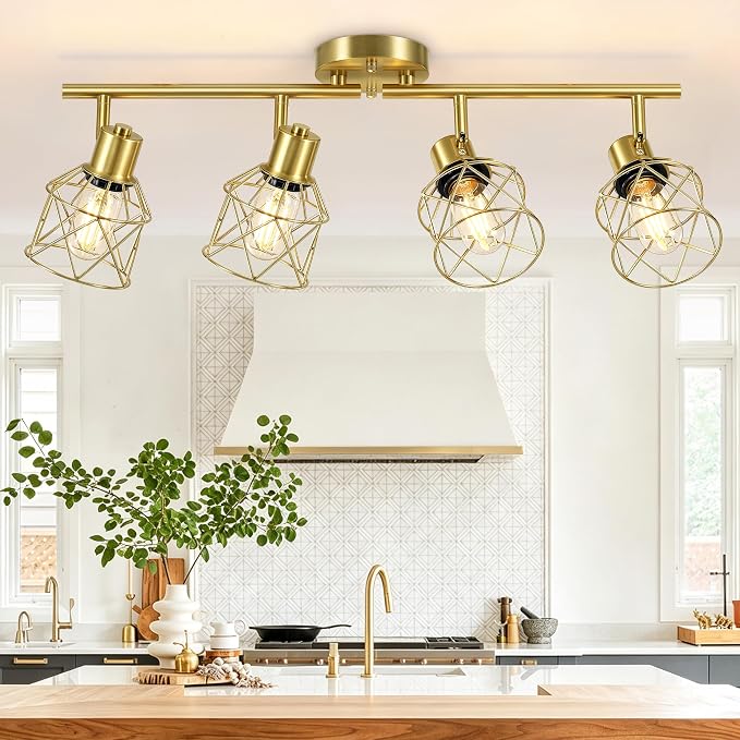Baocuz 4-Lights Kitchen Light Fixtures Ceiling Mount, Adjustable Multi-Directional Brushed Gold Semi Flush Mount Ceiling Light, Metal Wire Cage Spotlight Ceiling Fixtures for Dining Room, Farmhouse