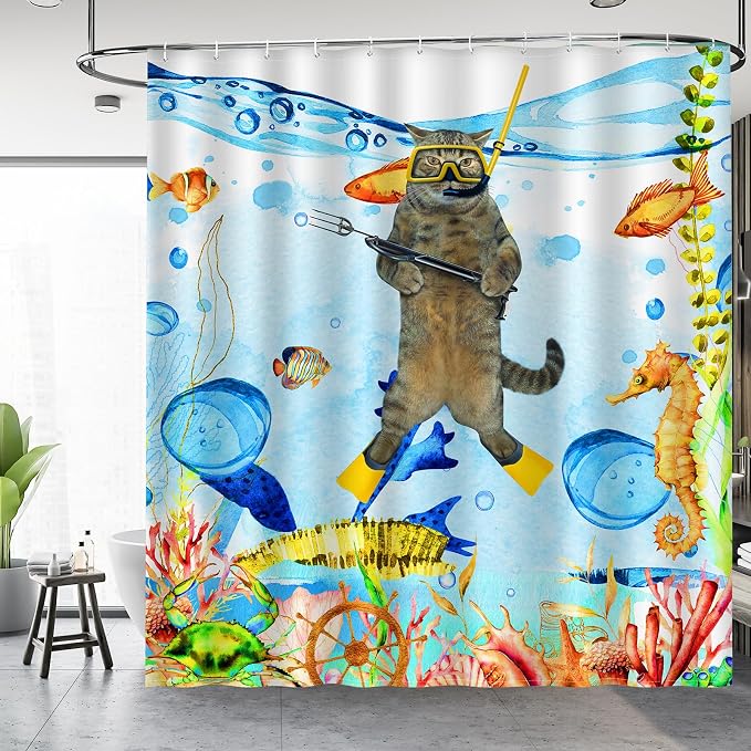 Aimego Funny Cat Shower Curtains for Bathroom - Sea Ocean Animal Underwater Tropical Fish Coral Seahorse Fun Bath Shower Curtain Set with 12 Hooks for Adults Kids Bathroom Decor Accessories, 72"x72"