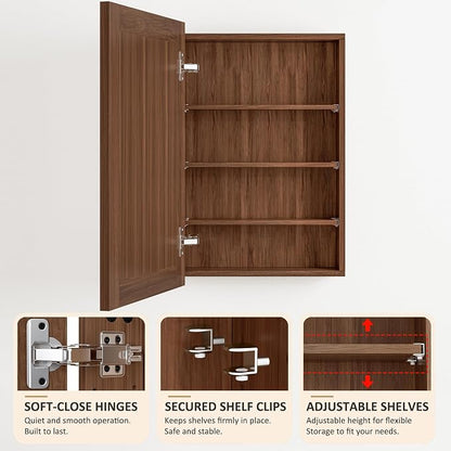 Buruis 20 x 28 Inch Bathroom Wood Medicine Cabinet Mirror, Walnut Finish | Fully Assembled Design, Adjustable Glass Shelves, Soft-Close Hinges, Bathroom Storage Organizer, Left/Right Opening