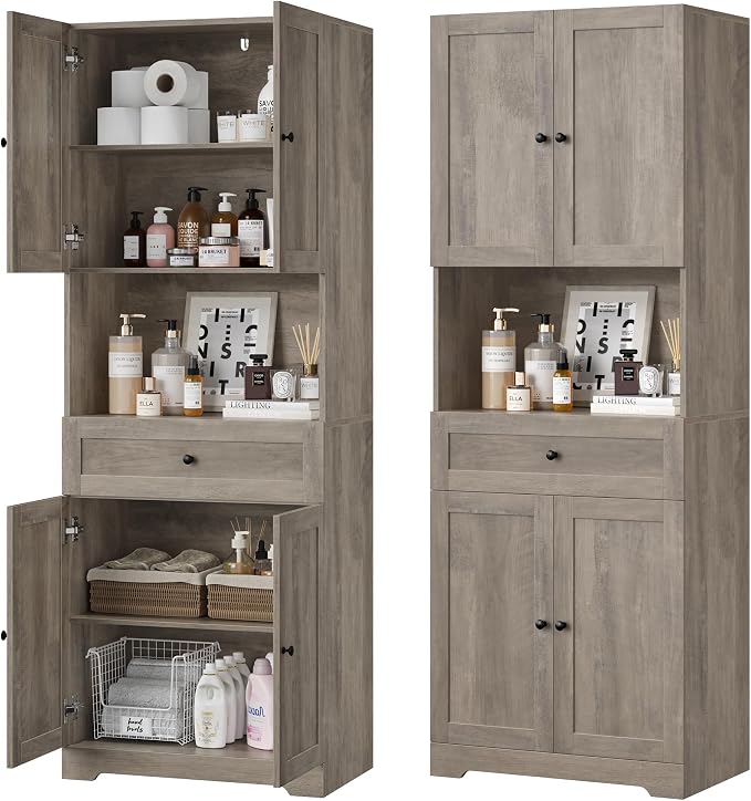 HIFIT Tall Bathroom Storage Cabinet with Drawer, Modern Linen Cabinet,Brown | 67"H Tall Storage Cabinet with Doors & Shelves, Freestanding Kitchen Pantry for Bathroom, Dining Room, Laundry, Narrow Corner