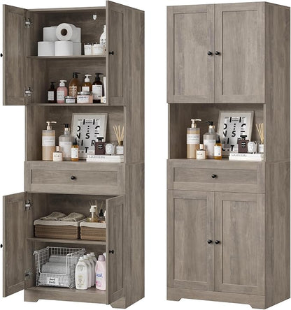 HIFIT Tall Bathroom Storage Cabinet with Drawer, Modern Linen Cabinet,Brown | 67"H Tall Storage Cabinet with Doors & Shelves, Freestanding Kitchen Pantry for Bathroom, Dining Room, Laundry, Narrow Corner
