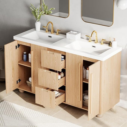 60 Inch Double Bathroom Vanity with Double Sinks, Soft Closing Doors and Drawers, Solid Wood Frame & MDF Modern Bathroom Sink Cabinet, Freestanding, Nature Wood