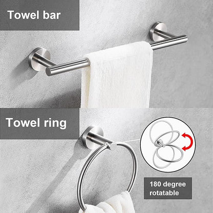 5 Pieces Brushed Nickel Bathroom Hardware Set Include 16inch Towel Bar,2pcsTowel Hooks,Toilet Paper Holder,Hand Towel Ring Round SUS304 Stainless Steel Bathroom Accessories Set Heavy Duty Wall Mounted