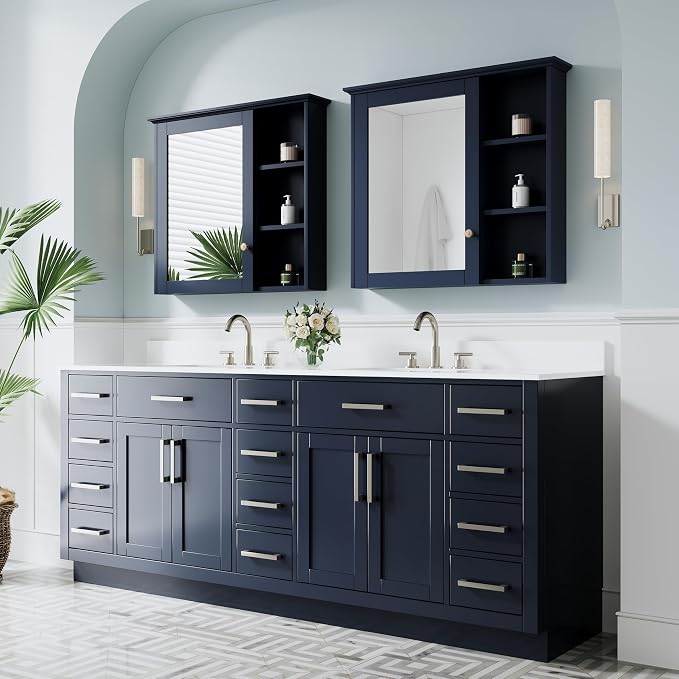 84-Inch Bathroom Vanity with Double Sinks W/ 4 Doors & 12 Drawers & 2 Flip Drawers, Navy Blue Vanity W/Brushed Nickel Handles