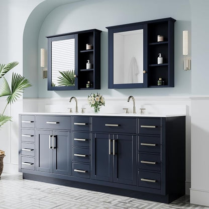 84-Inch Bathroom Vanity with Double Sinks W/ 4 Doors & 12 Drawers & 2 Flip Drawers, Navy Blue Vanity W/Brushed Nickel Handles