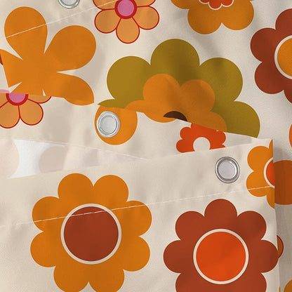 Retro Flowers Shower Curtain, Groovy Brown Orange Sun Flower Vintage 70s Fabric Shower Curtains Set for Bathroom Funky Hippie 1970 Boho Yellow Floral Decoration with Hooks 72 X 72 inch Bath Decor