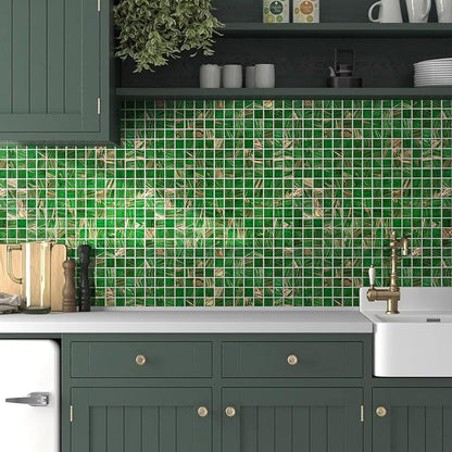11.5 sq.ft Green Glass Mosaic Tile for Bathroom, Pool, Kitchen Backsplash | Waterproof Wall & Floor Tile. Heat & frost resistant outdoors. Mesh-mounted easy install. Use any grout. Easy clean. 10pcs.