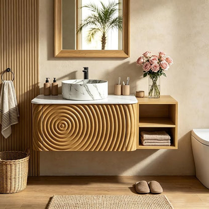 42" Floating Bathroom Vanity with Sink, Mid-Century Wall Mounted Bathroom Vanity Cabinet with Wood Waved Decor,Marble Ceramic Basin and Sintered Stone Top, Soft Close Drawer, Side Open Cube