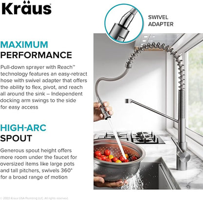 KRAUS Oletto Touchless Sensor Commercial Pull-Down Single Handle Kitchen Faucet with QuickDock Top Mount Assembly in Spot Free Antique Champagne Bronze, KSF-2631SFACB