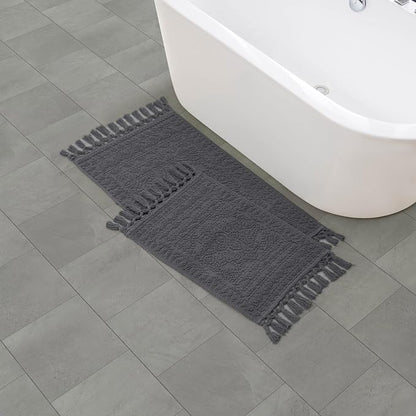 French Connection Nellore Bathroom Rugs, Set of 2 Woven and Beaded Bathroom Mats, Durable Bath Rugs, Thick Bath Mats for Bathroom and Shower Rugs, 17" x 28" and 20" x 38", Charcoal