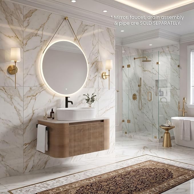 30" Preassembled Floating Bathroom Vanity with White Sink, Oak | Mid-Century Modern Style, Fluted & Soft-Close Drawer with U-shaped Wall, Sinterted Stone Countertop, Towel Rack Included