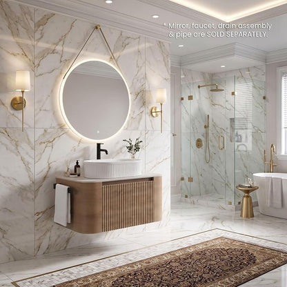 30" Preassembled Floating Bathroom Vanity with White Sink, Oak | Mid-Century Modern Style, Fluted & Soft-Close Drawer with U-shaped Wall, Sinterted Stone Countertop, Towel Rack Included
