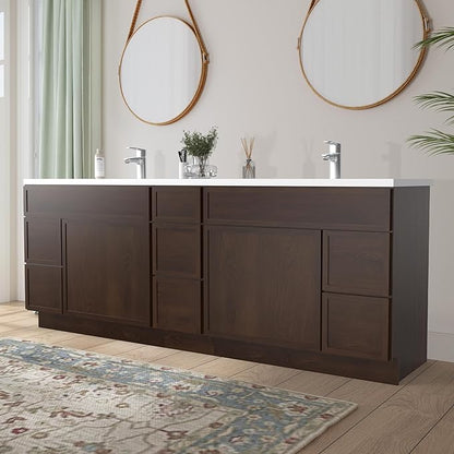 HomeBeyond 84 Inches Bathroom Vanity Base Cabinet Without Sink, Double Sink Top with Door & Soft Closing Drawers, Sturdy Floor Mounted Cabinet 2-Door 7-Drawer, Brown