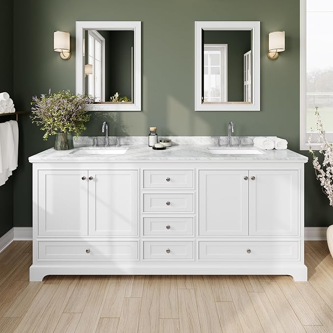 Wyndham Collection Deborah 80 inch Double Bathroom Vanity in White, White Carrara Marble Countertop, Undermount Square Sinks, and No Mirror