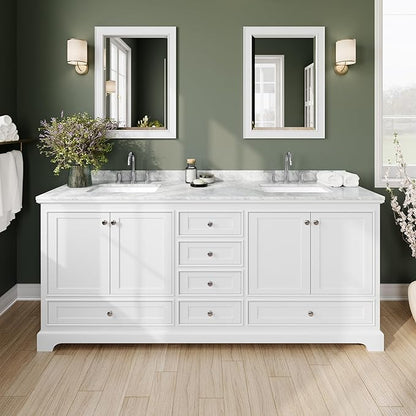 Wyndham Collection Deborah 80 inch Double Bathroom Vanity in White, White Carrara Marble Countertop, Undermount Square Sinks, and No Mirror