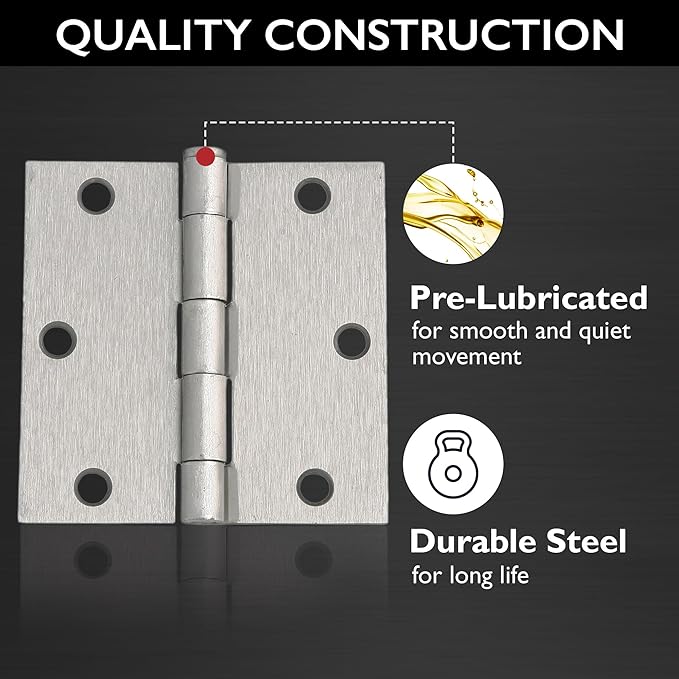 Design House 9-Pack Satin Nickel Interior Door Hinges - 3.5-inch x 3.5-inch – Square Corner Radius Steel Door Hinge – Fits Standard Doors – Design House 186007