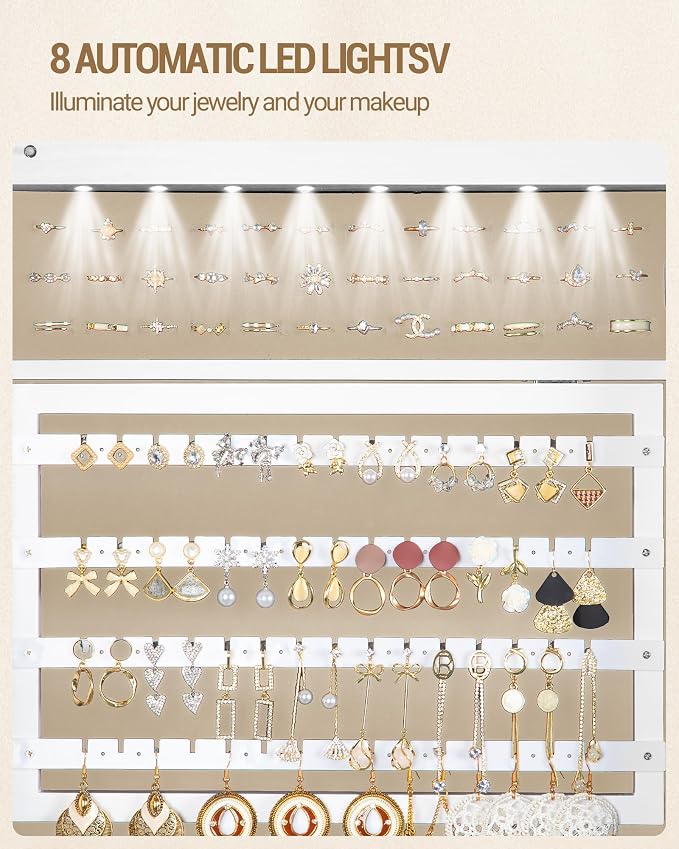 Hzuaneri 8 LEDs Jewelry Cabinet Armoire, 66.9-inch Jewelry Organizer | Lockable Full-length Mirror with Garment Rack & 4 Wheels, Storage Shelves with Hooks, 5-in-1, White and Beige JC17003BE