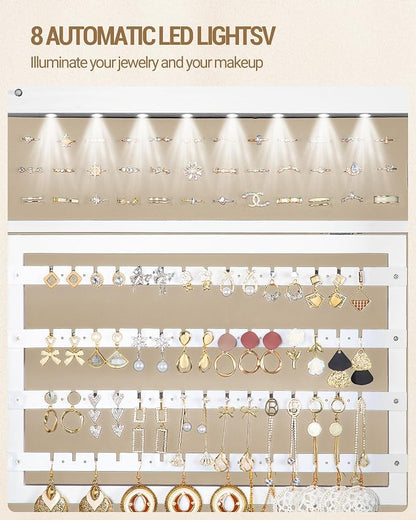 Hzuaneri 8 LEDs Jewelry Cabinet Armoire, 66.9-inch Jewelry Organizer | Lockable Full-length Mirror with Garment Rack & 4 Wheels, Storage Shelves with Hooks, 5-in-1, White and Beige JC17003BE