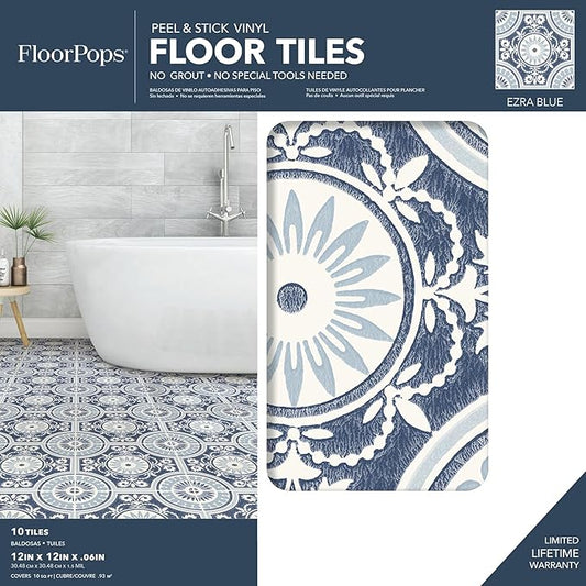 FloorPops 12-in by 12-in Blue Ezra Vinyl Peel & Stick Floor Tiles (10 Tiles), (10 sq.ft./Carton)