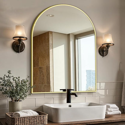 Vanity Bathroom Mirror for Wall, 40"x30" Arched Bathroom Mirror for Over Sink, Arched Metal Frame for Bedroom, Living Room, Entryway, Hanging or Leaning, Gold