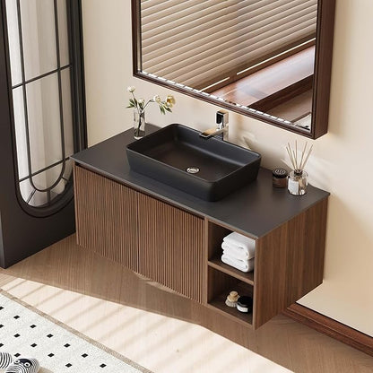 36" Modern Floating Bathroom Vanity with Single Sink - Wall Mounted Storage Bathroom Cabinet with Black Sintered Stone Countertop| Large Storage Space & Open Shelves, Dark Wood