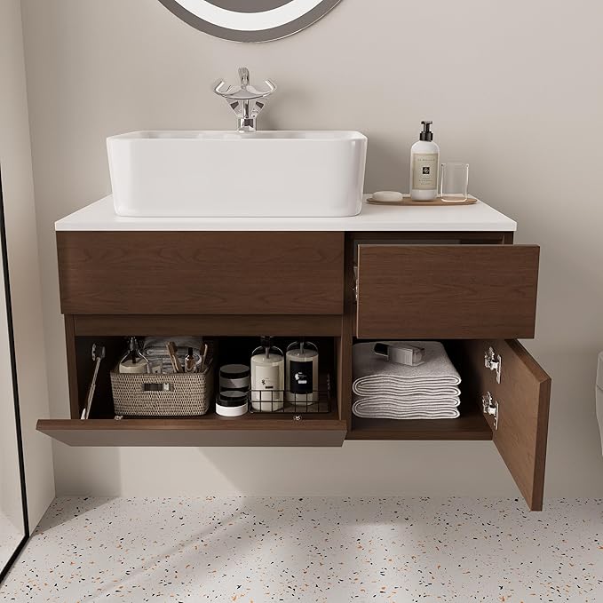Bathroom Vanity Floating Bathroom Sink Cabinet with Ceramic Vessel Sink Wall Mounted Floating Vanity (Walnut, 31.5W)