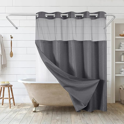 Americanflat 72x75 Hookless Waffle Pattern Shower Curtain - Water-Resistant Long Shower Curtain with Sheer Panel, Snap-in Liner, and Durable Grommets - 100% Polyester - Dark Grey