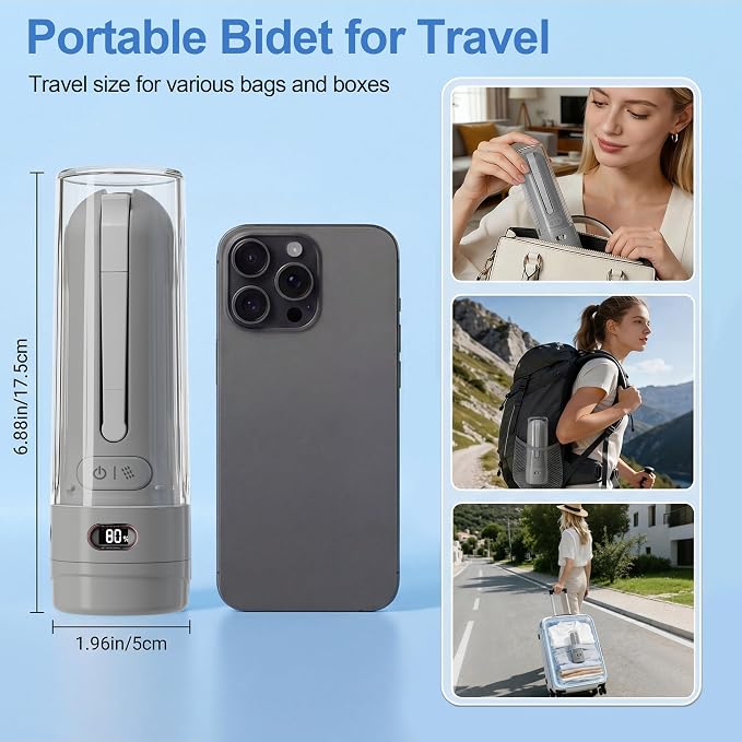 Electric Portable Bidet Toilet Aids Wiper Tool Set, Gray | 2-in-1 travel hygiene kit 15.7" extended length wiping tools 1600mAh Long-lasting Battery USB-C Rechargable IPX7 Waterproof
