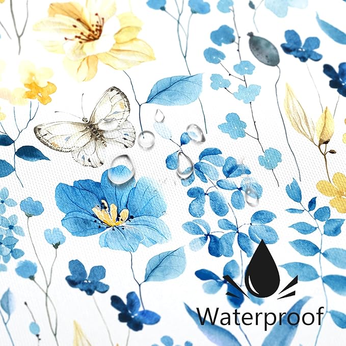 Blue Yellow Floral Shower Curtain 60x72, Cute Flower Fabric Shower Curtains for Bathroom, Wildflower Butterfly Cloth Shower Curtain Set with Hooks