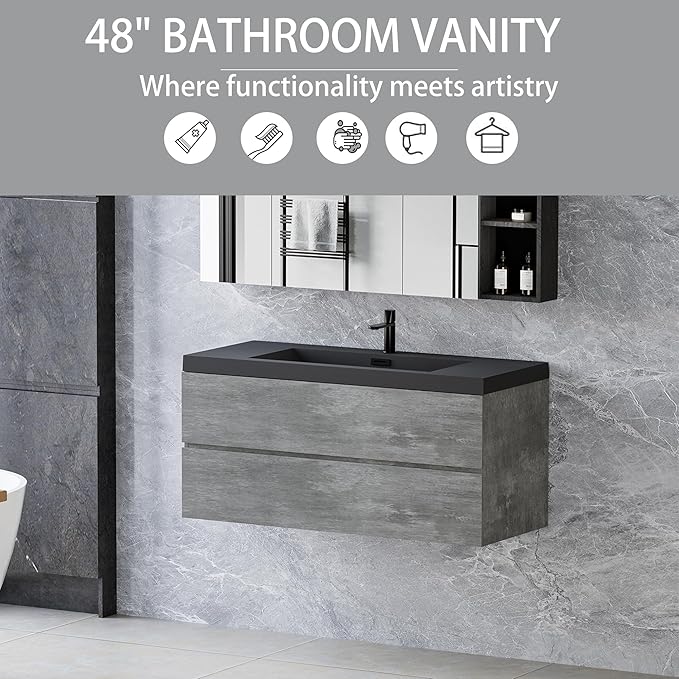 48 Inch Floating Bathroom Vanity with Sink Combo, Pre-Assembled Wall Mounted Single Sink Vanity, Soft Closed 2 Drawers, Integrated Sink (Dark Birch)