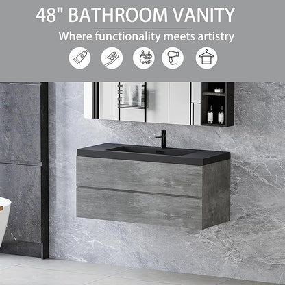 48 Inch Floating Bathroom Vanity with Sink Combo, Pre-Assembled Wall Mounted Single Sink Vanity, Soft Closed 2 Drawers, Integrated Sink (Dark Birch)