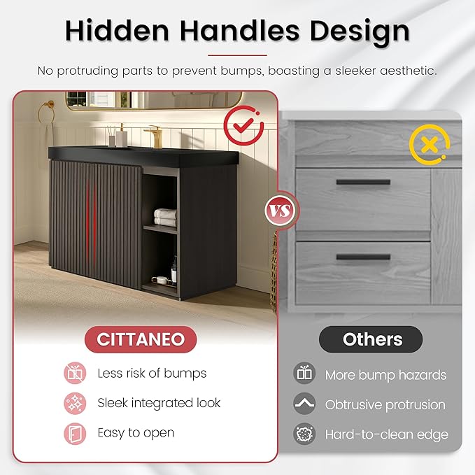 48" Bathroom Vanity with Sink, Freestanding Single Sink Bathroom Vanity with Black Engineered Stone Top & Open Side Storage, Soft-Closing Doors with Adjustable Shelf, Smoked Oak Brown
