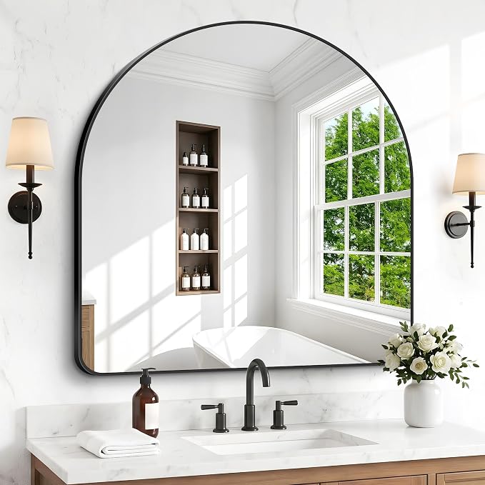 BONEWEI Arched Wall Mirror,45x45 inch Black Arched Mirror Bathroom,Large Vanity Mirror for Over Sink Metal Frame,Tempered Glass Arch Mirrors for Bedroom,Entryway,Living Room,Home Decor Shatter-Proof
