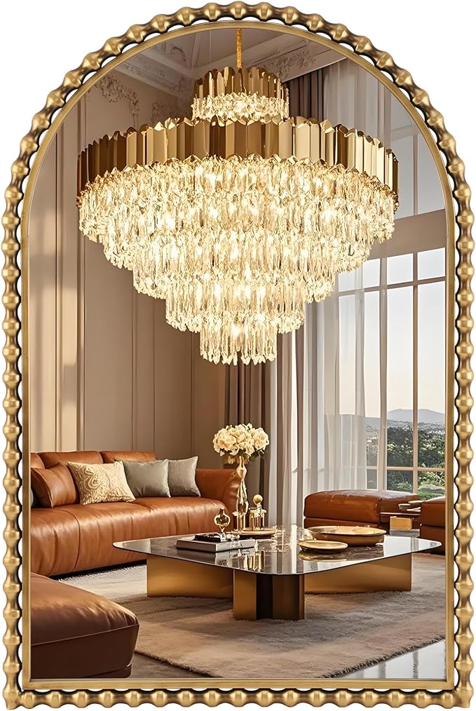 24"x36" Antique Gold Arched Bathroom Mirror, Bold Beaded Frame | Vintage decorative wall mirror for vanity, powder room, entryway, living room, bedroom, and hallway, vertical hanging
