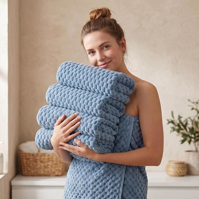 REDKISS 4 Pack Blue Microfiber Bath Towels - Large Shower Towels Set for Bathroom, Super Absorbent Towel Set of 4 Lagre, Quick Dry Bathroom Towel for Spa, Gym,Travel, Lint Free, Ultra Soft