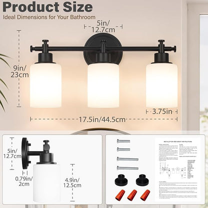 3 Light Black Bathroom Vanity Light Fixture Over Mirror, 17.5'' | Vanity Lights for Bathroom, Bedroom, Living Room, White Frosted Glass Shades, Modern, E26(Bulbs Not Included)