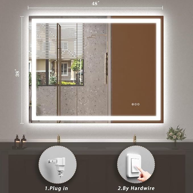 48x38 LED Lighted Bathroom Mirror for Vanity Wall | Front Light and Backlit, Anti-Fog, Memory, 3 Color, Tempered Glass, Dimmable, Rectangular, UL, Horizontal/ Vertical Mounted