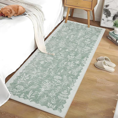 GarveeHome Washable 2x6 Runner Rugs for Bathroom Floral Kitchen Rug Neutral Scalloped Carpet, Non-Slip Hallway Rug Stain Resistant Modern Low-Pile Carpet for ‎Laundry Bedside Entryway(2x6 ft,Green)