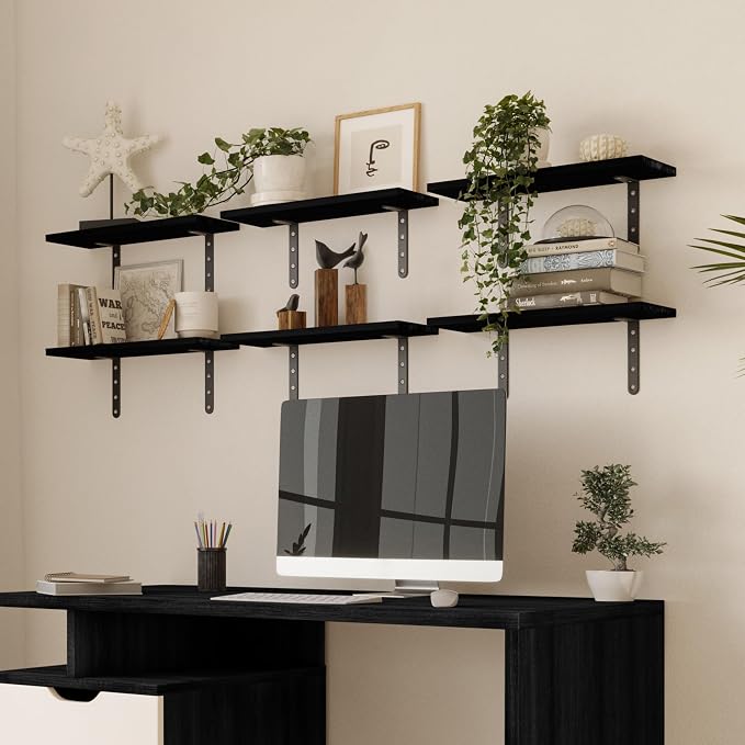 Lavish Home Floating Shelves - Set of 6 Shelves for Living Room, Kitchen, Bedroom, or Bathroom Decor - Wood Floating Shelves for Wall - Farmhouse Wall Décor (Black)