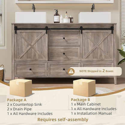 VNN Bathroom Vanity with Sink - 60 Inch Bathroom Vanity Double Sink Ceramic, Freestanding Cabinet with 2 Farmhouse Sliding Barn Doors and 5 Drawers, Space-Saving Storage Cabinet, Grey Wood Grain