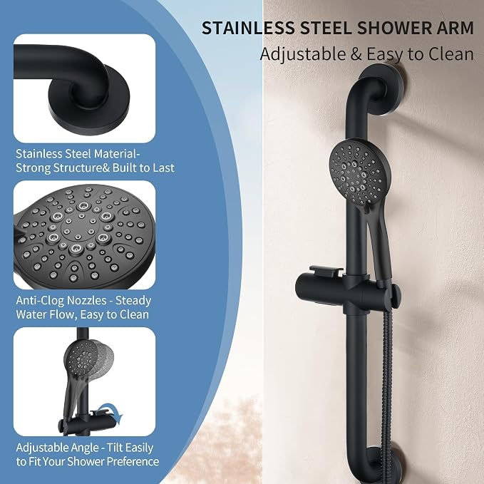 BRIGHT SHOWERS Stainless Steel Slide Bar Grab Rail Set Ada Compliant, 5-Spray Handshower with Slide Bar Kit – Includes Handheld Shower Head and 69-Inch Hose, Matte Black