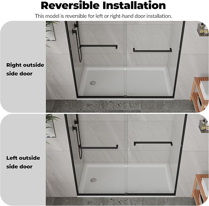 Double Sliding Shower Door 44-48 Inch W×72 Inch H Framed – Matte Black Aluminum Frame Bypass Shower Door with 8mm Tempered Glass, Easy Clean Coating for Bathroom
